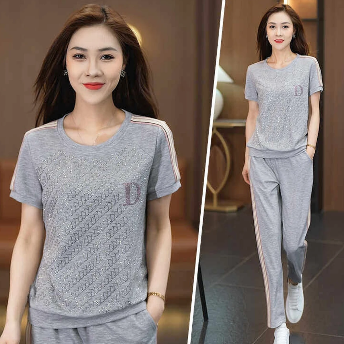 夏季休闲运动套装时尚烫钻圆领短袖8026