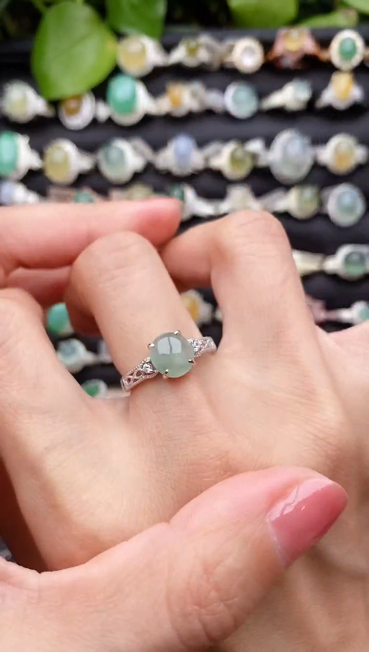 【闪购商品】翡翠戒指银S925镶嵌缅甸天然A货翡翠88  5-3