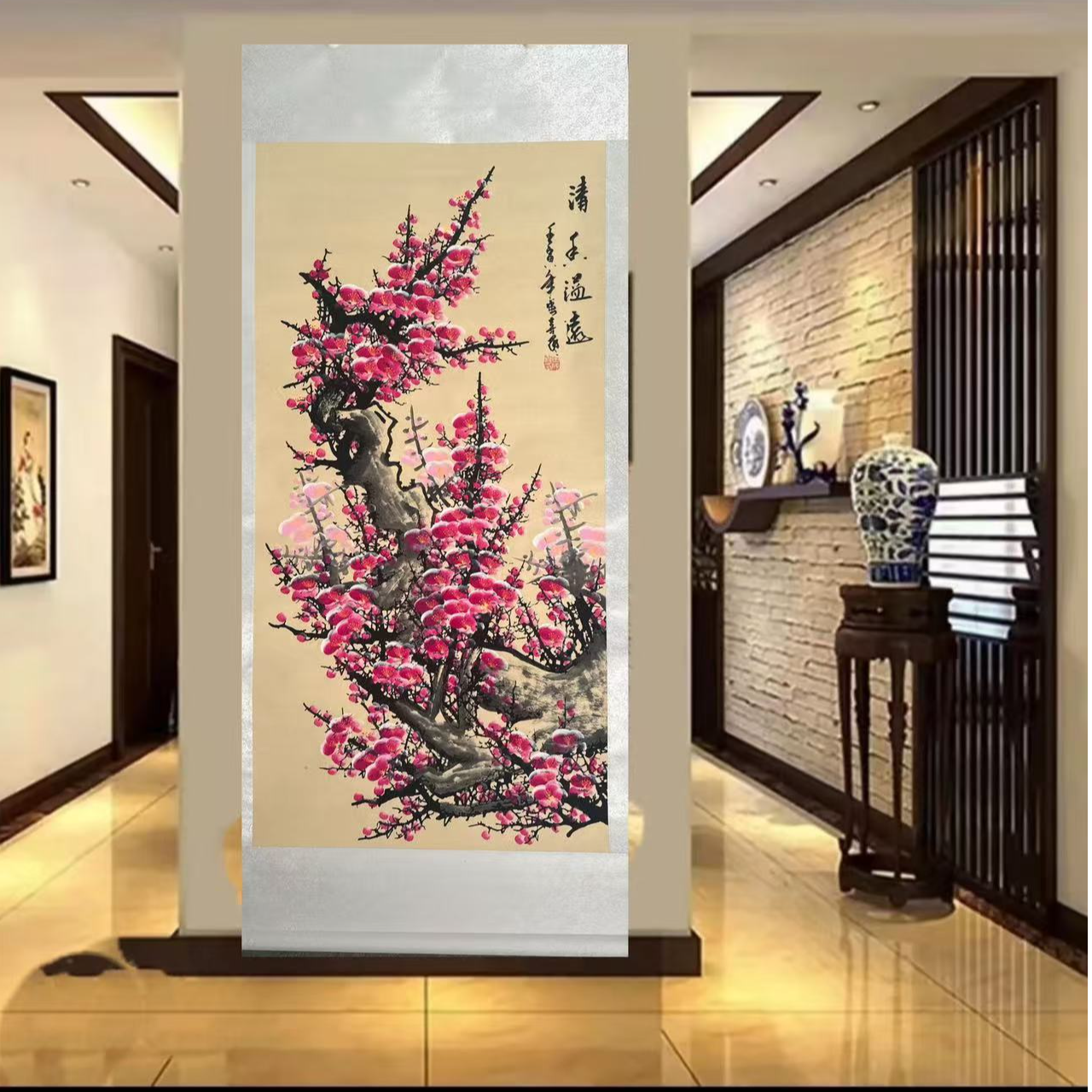 国画纯手画«清香溢远»粉梅客厅卧室玄关挂画卷轴装裱170*75厘米