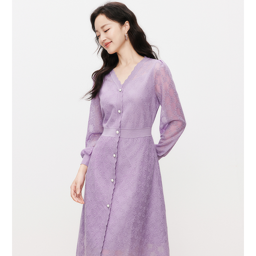 【羊羊专属】珂莱蒂尔时尚气质收腰精致高级感紫色蕾丝连衣裙女