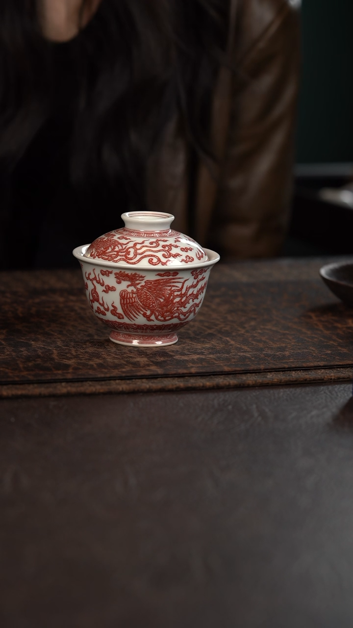 【闪购商品】杯贵红窑釉里红凤凰盖碗