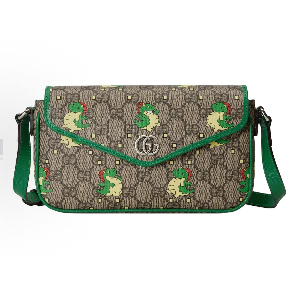 99新 GUCCI/古驰 绿色拼老花龙宝宝/时尚女单肩包