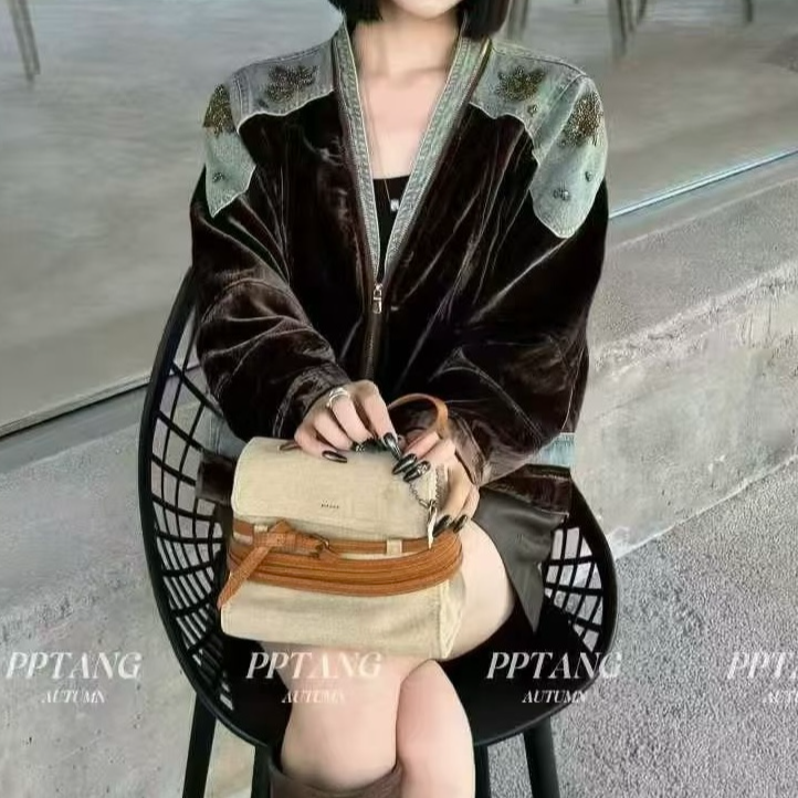 拼接丝绒牛仔外套女2025秋季新款时尚重工装饰拉链上衣