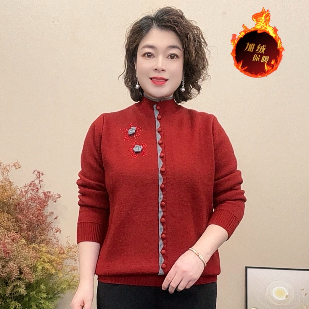 妈妈装冬季加绒保暖针织毛衣宽松百搭洋气气质时尚中老年女装长袖