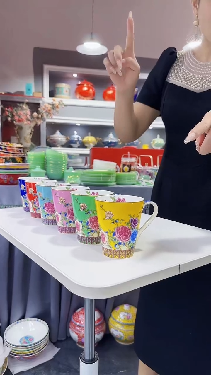 瓷片牡丹花卉杯子6只装景德镇陶瓷