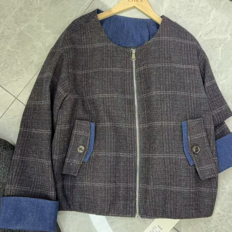 圆领短外套秋季牛仔斜纹女夹克休闲风衣外套棉衣12089