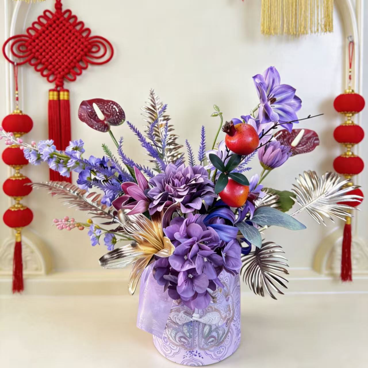 新款年宵花福桶成品中式风装饰摆件仿真花过年布置