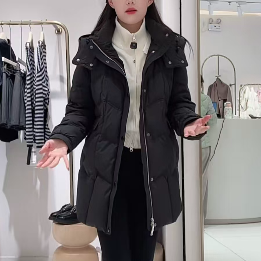 朵以2025冬季新款奶昔黄宽松保暖连帽羽绒服中长款