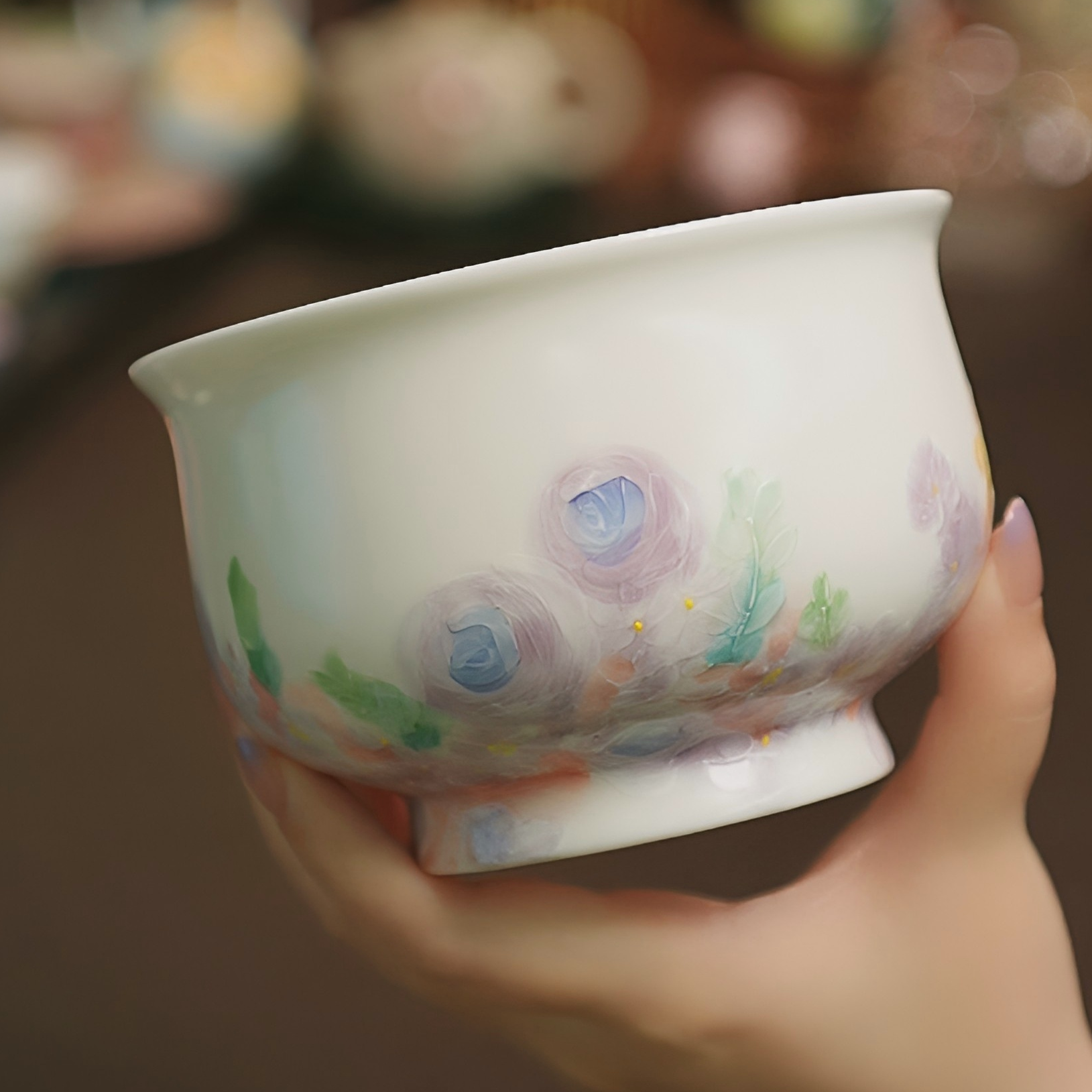 花影纯手绘釉下彩堆绘玫瑰花油画风女士陶瓷茶具茶洗建水（550ml）