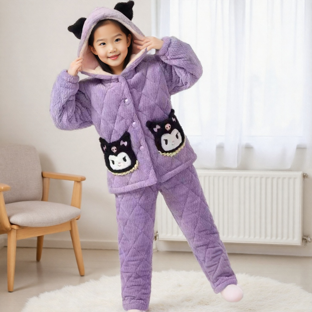 儿童三层夹棉加绒加厚睡衣2025冬新款冬款珊瑚绒女童女孩套装6618