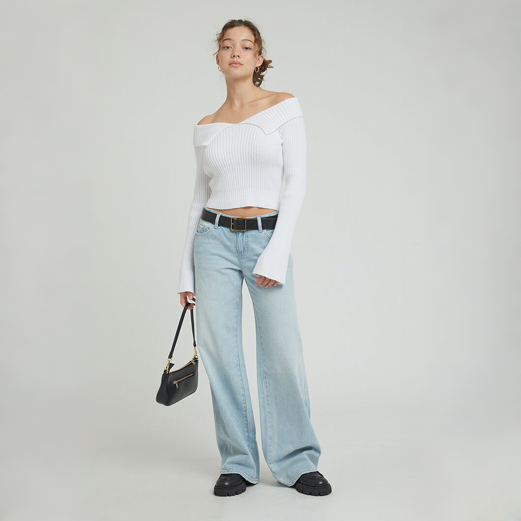 PACSUN2025新款复古美式浅蓝色牛仔裤高腰修身显瘦纯棉宽松长裤