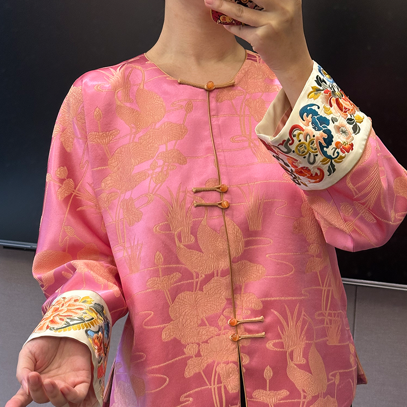 月下微凉 | 鹤舞真丝冠乐绉新中式绣花袖口对襟宽松中式外套