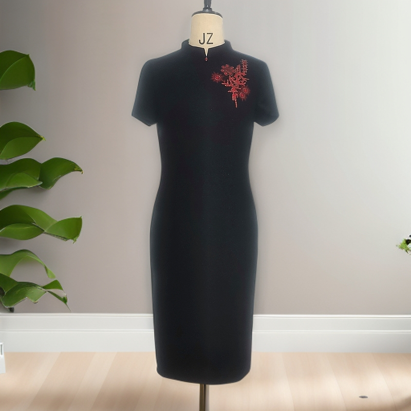 格格黑色刺绣短袖气质中长改良旗袍显瘦中国风中式G02FA020099