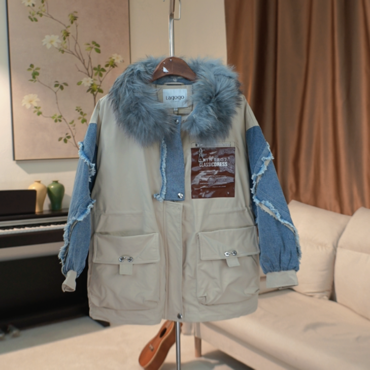 G236 可拆卸貉子毛领宽松牛仔拼接羽绒服女 55XC88
