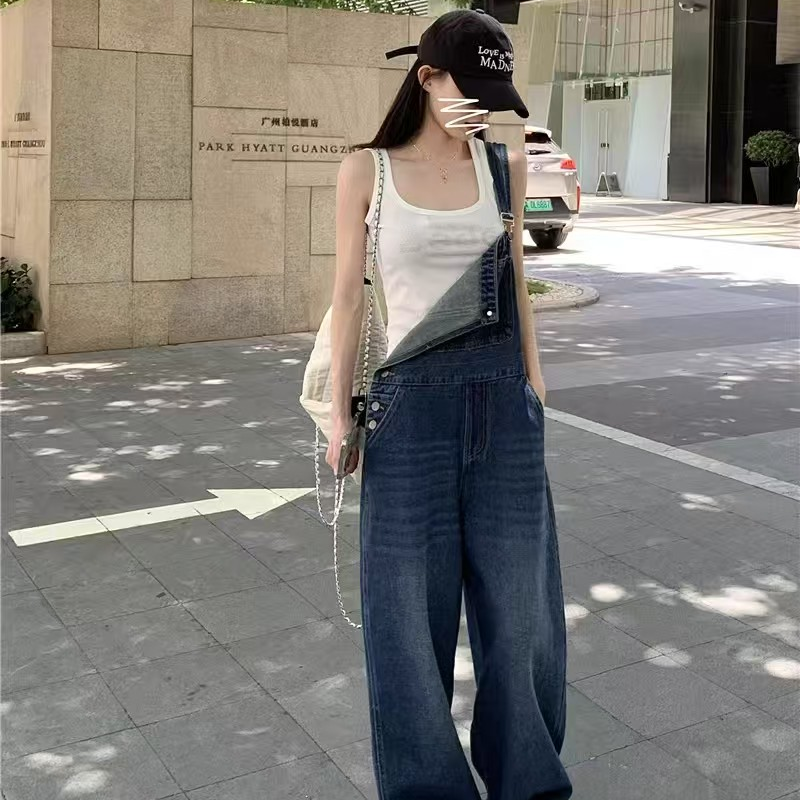 重工水洗复古牛仔背带裤女春秋2025新款薄款宽松高腰小个子直筒裤