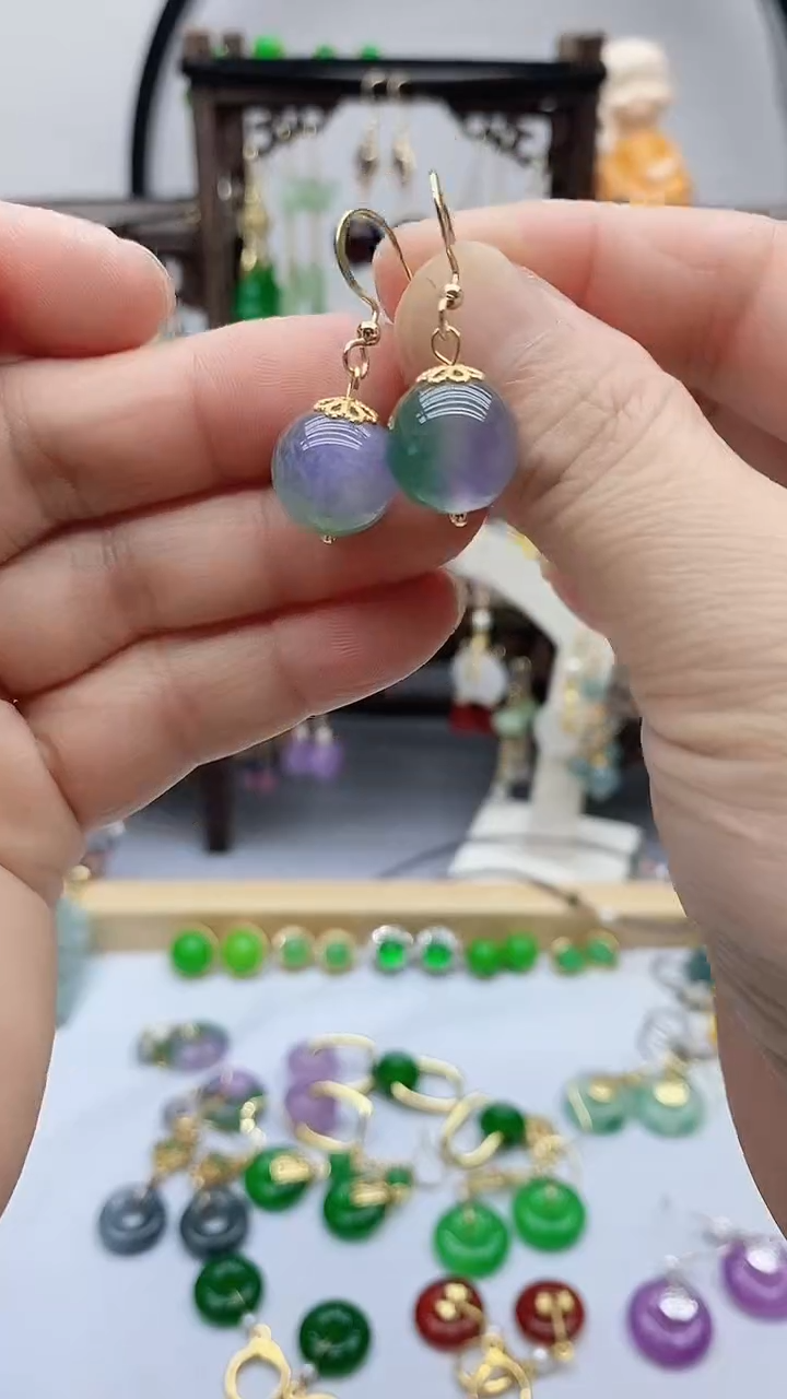 石英质玉（非洲翠）14K金镶嵌耳饰41