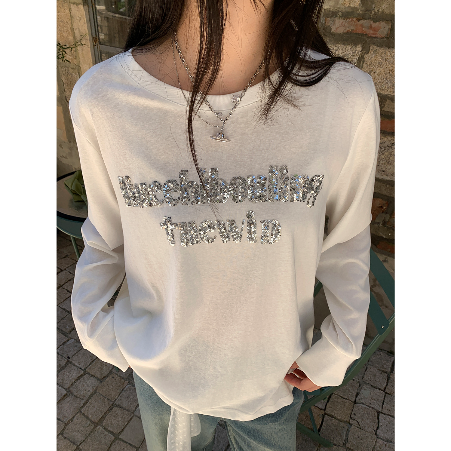 裂渡宣宣【日常闪耀】微胖大码女秋百搭珠片绣花ins针织T恤ZY507A23