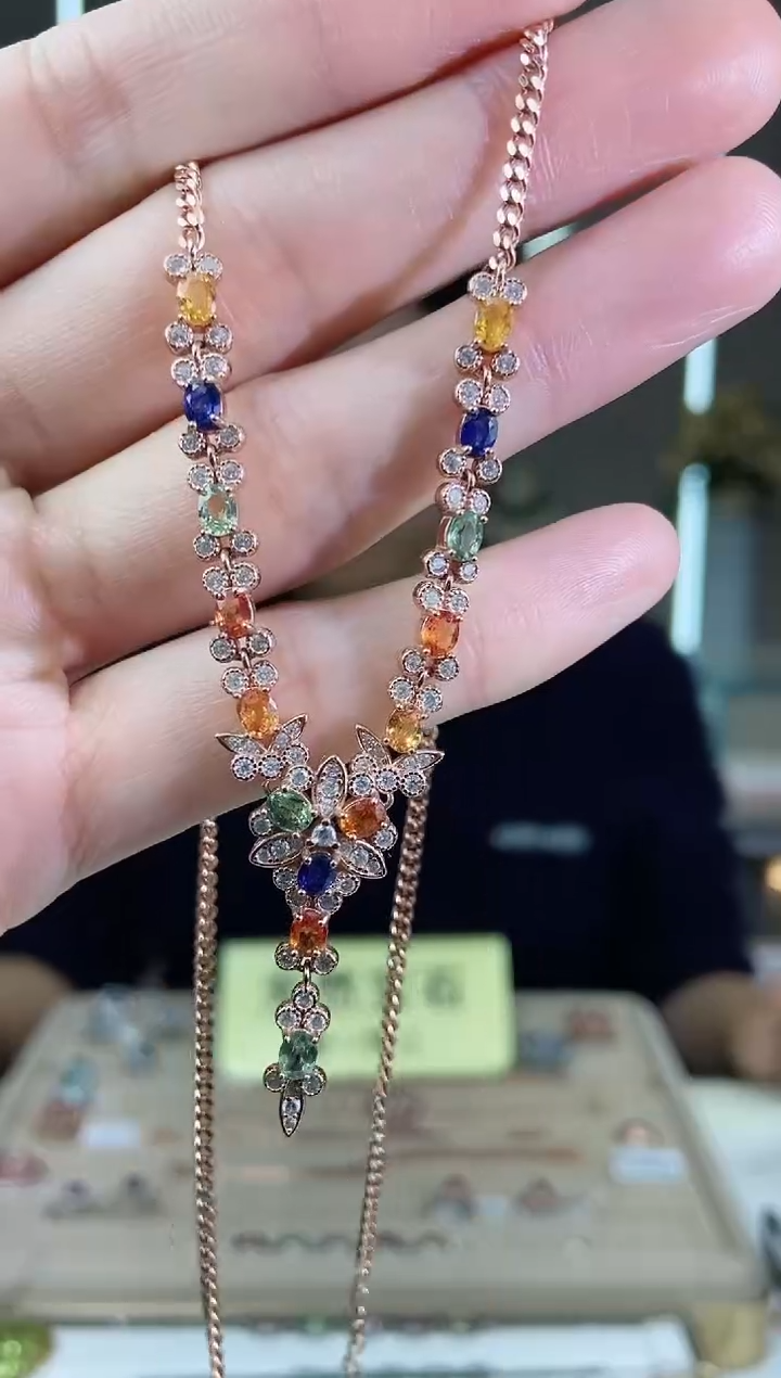 【闪购商品】彩色蓝宝石颈饰银S925镶嵌颈饰