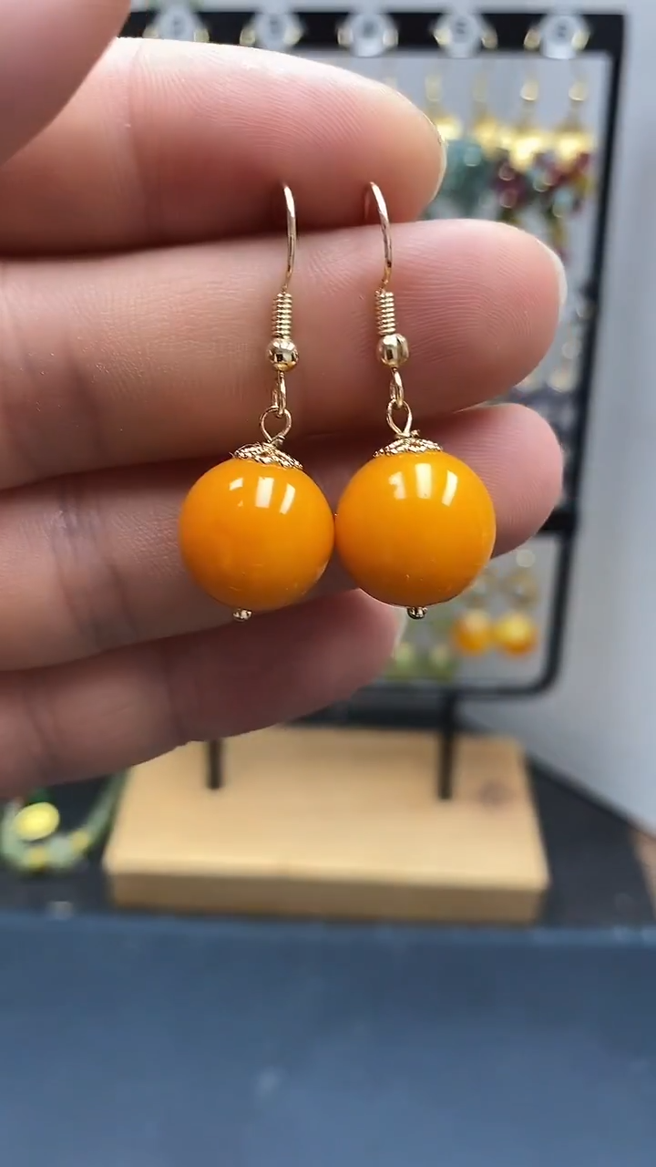 蜜蜡银S925镀金镶嵌耳饰尺寸14mmC3