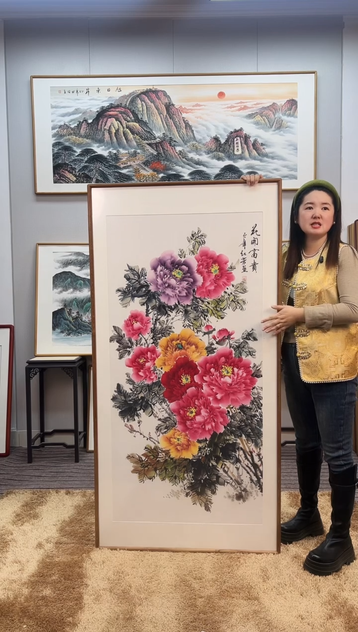 国画手绘牡丹162*82尺寸竖幅