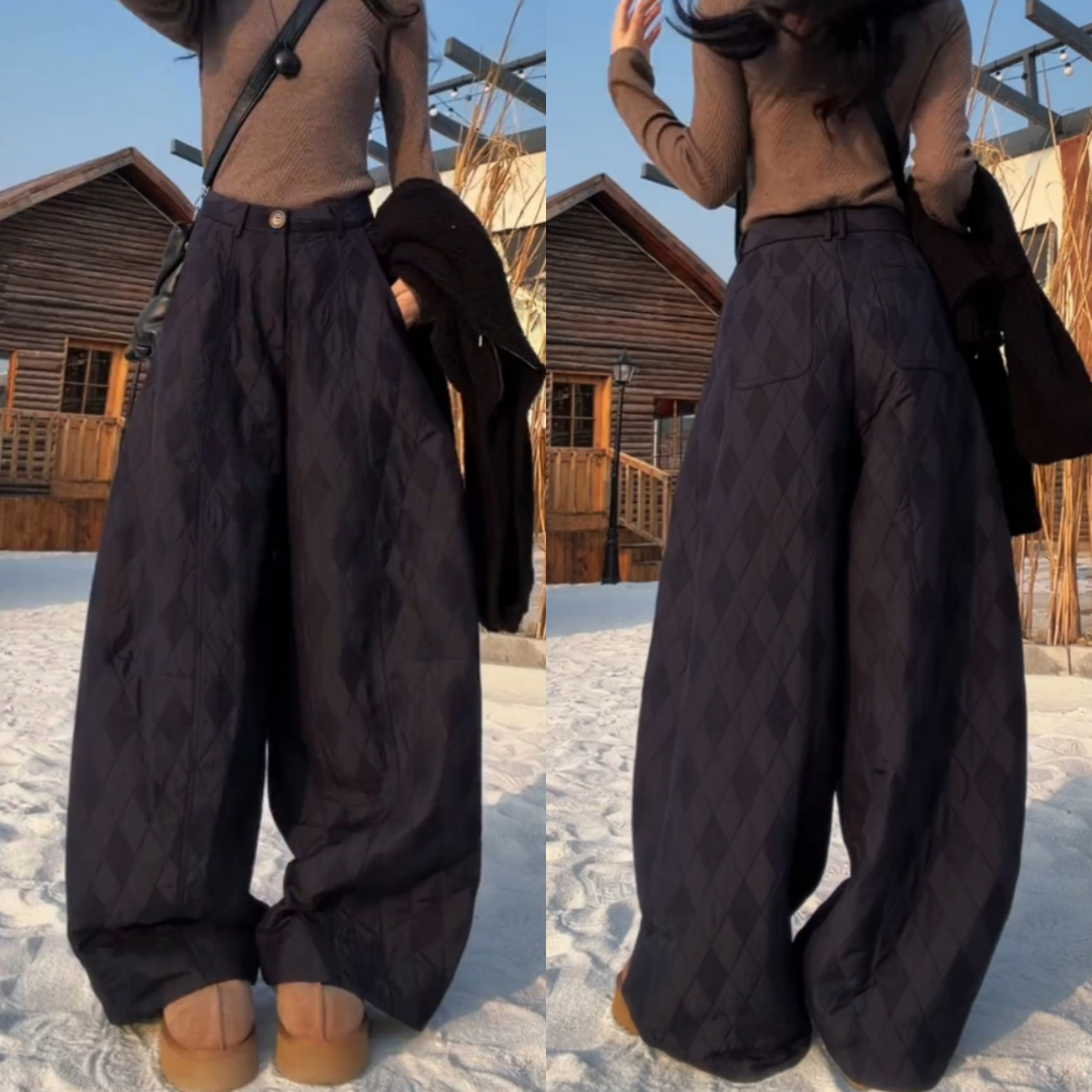 高级感菱形格弯刀休闲棉裤2025冬季新款高腰显瘦宽松阔腿裤