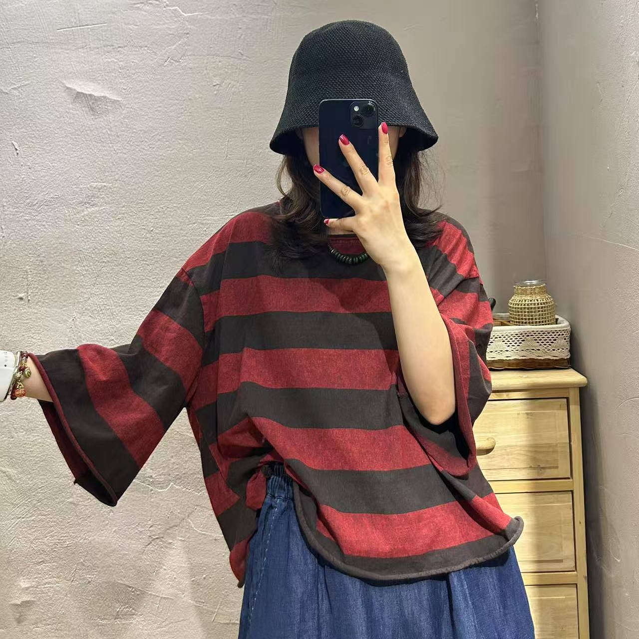 【半奏】夏季新款条纹短袖T恤圆领大版休闲上衣 胸围138前长57后62