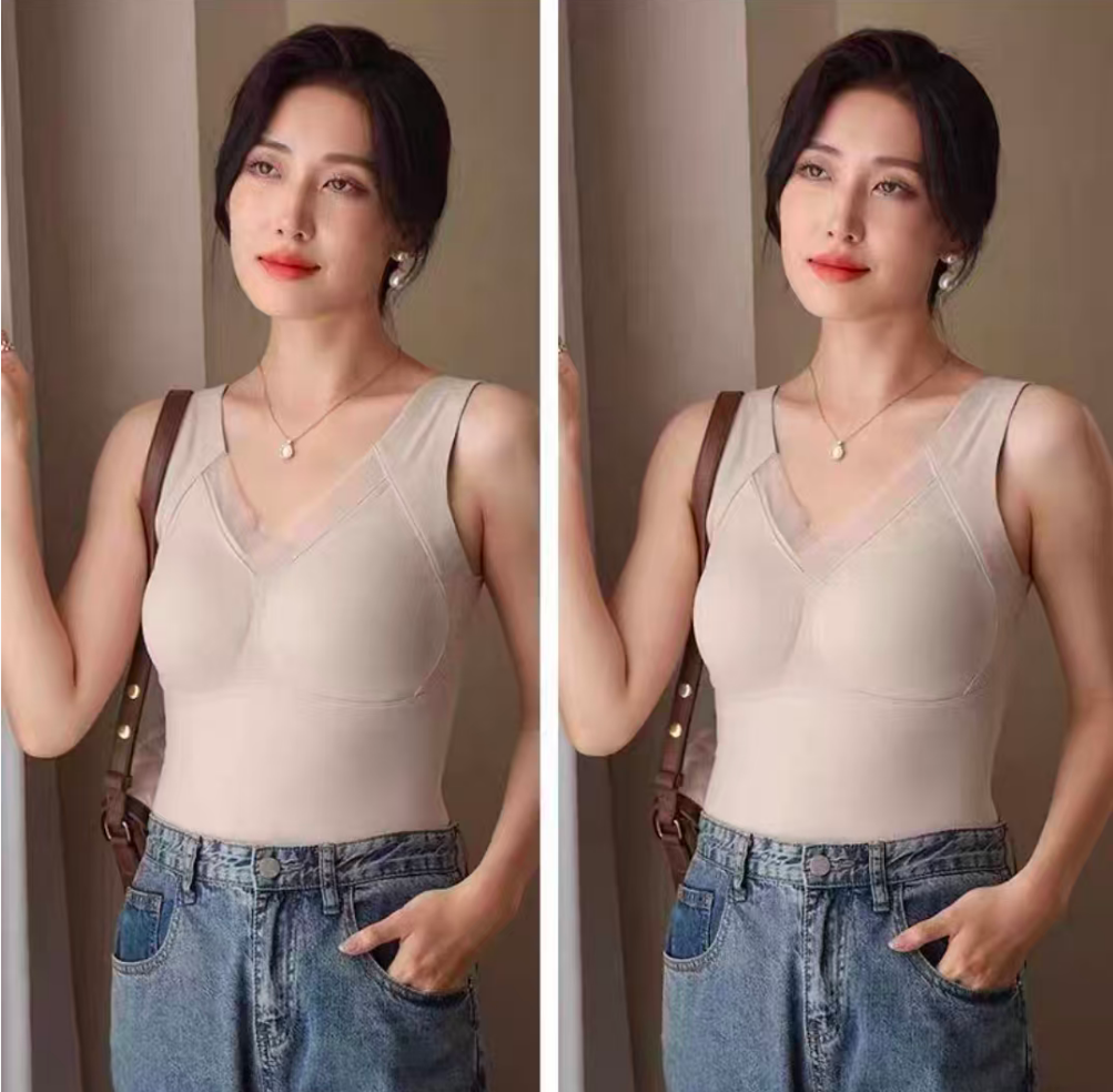 8803#德绒石墨烯保暖背心女发热内衣带胸垫无痕V领修身打底上衣冬