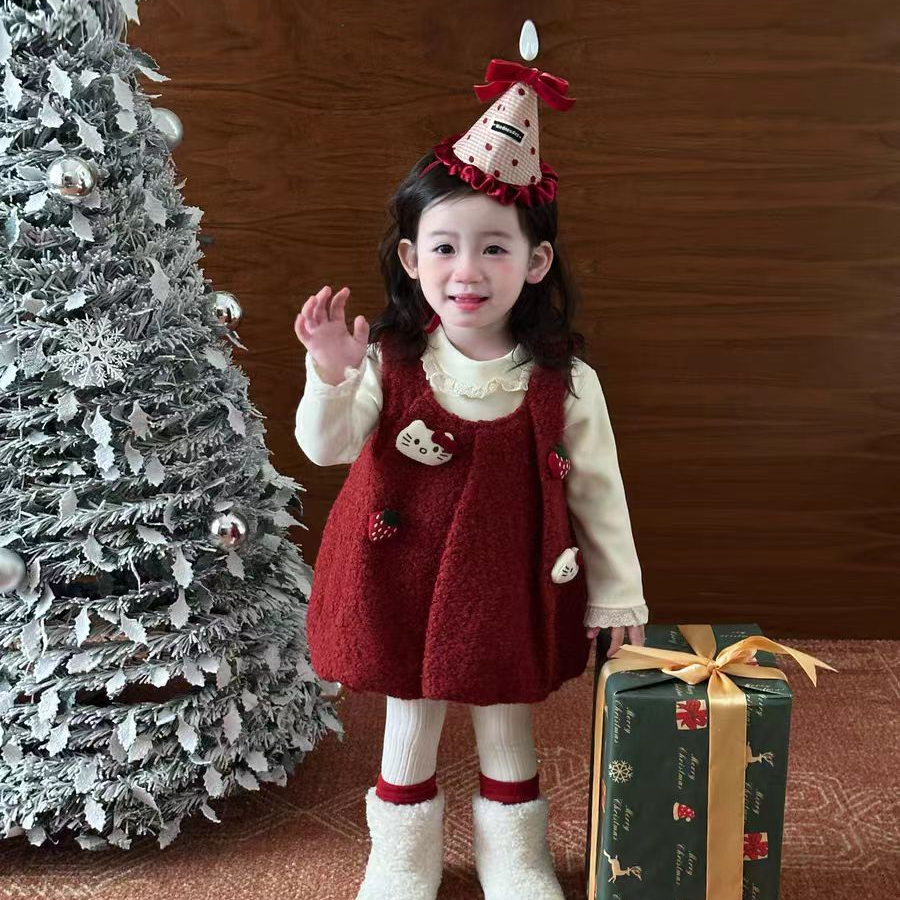 秋冬款女宝宝超萌圣诞款毛呢酒红色两件套裙子韩版