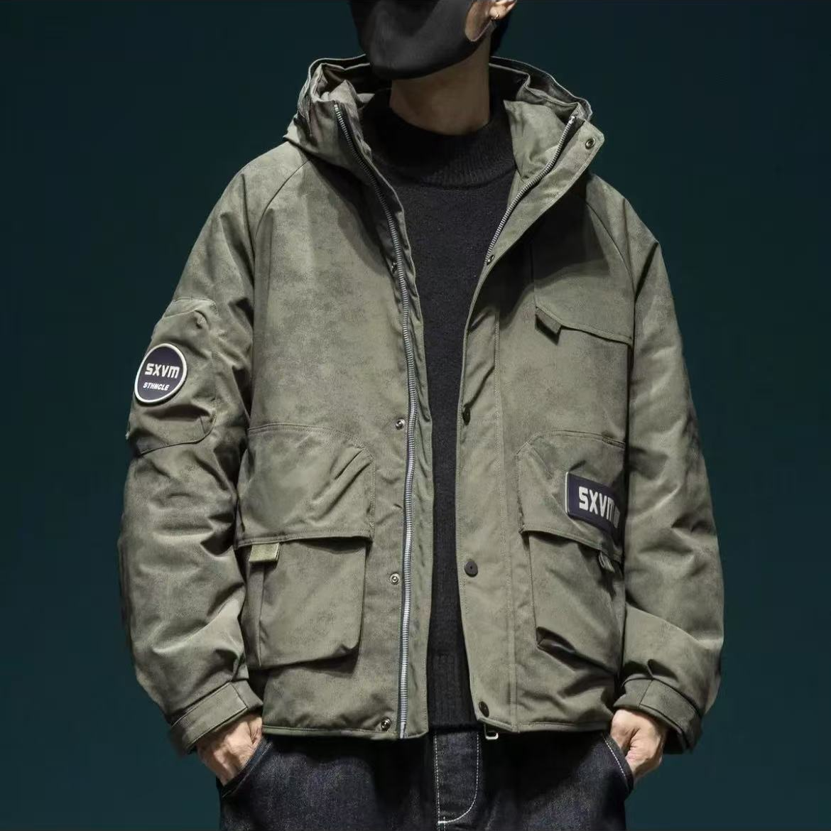 冬季保暖锁温蜡染工艺连帽工装潮流羽绒服-80801