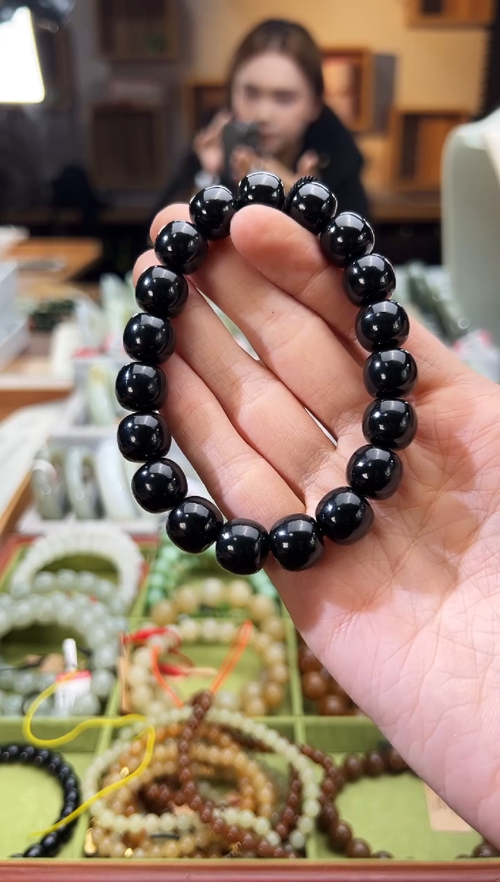 未镶嵌手串和田玉香****～黑青子料老型珠手串卡11x12