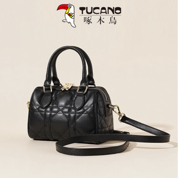 TUCANO/啄木鳥圆形卡位单肩款做旧轻奢风斜挎包菱格气质黑色