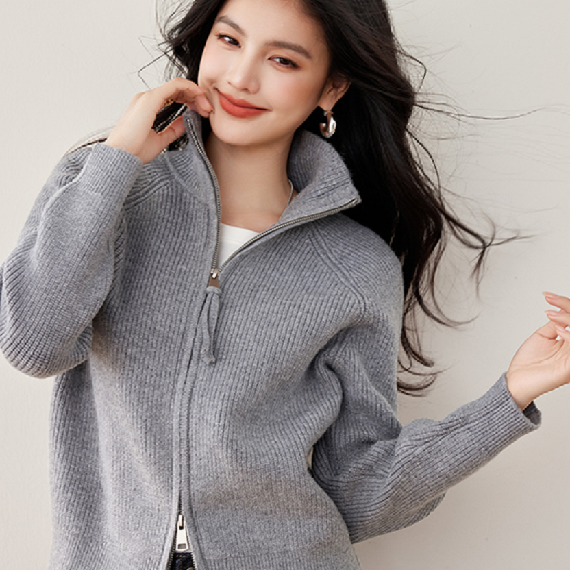 【EACA】秋冬季时尚百搭慵懒风立领高级感翻领拉链毛衣外套 293369
