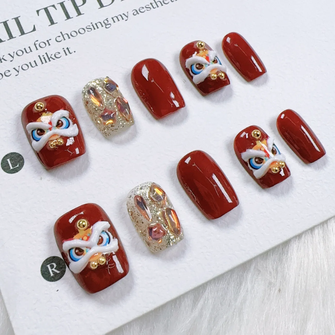 【新年醒狮】纯手工穿戴美甲醒狮新年短款可反复穿戴国风穿戴甲