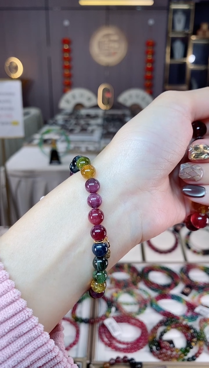 未镶嵌老矿碧玺彩虹单圈手串7mm+碧玺dan多样性发货一条