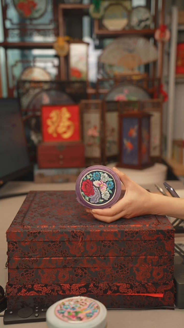 扇子首饰盒 绣花双面非遗