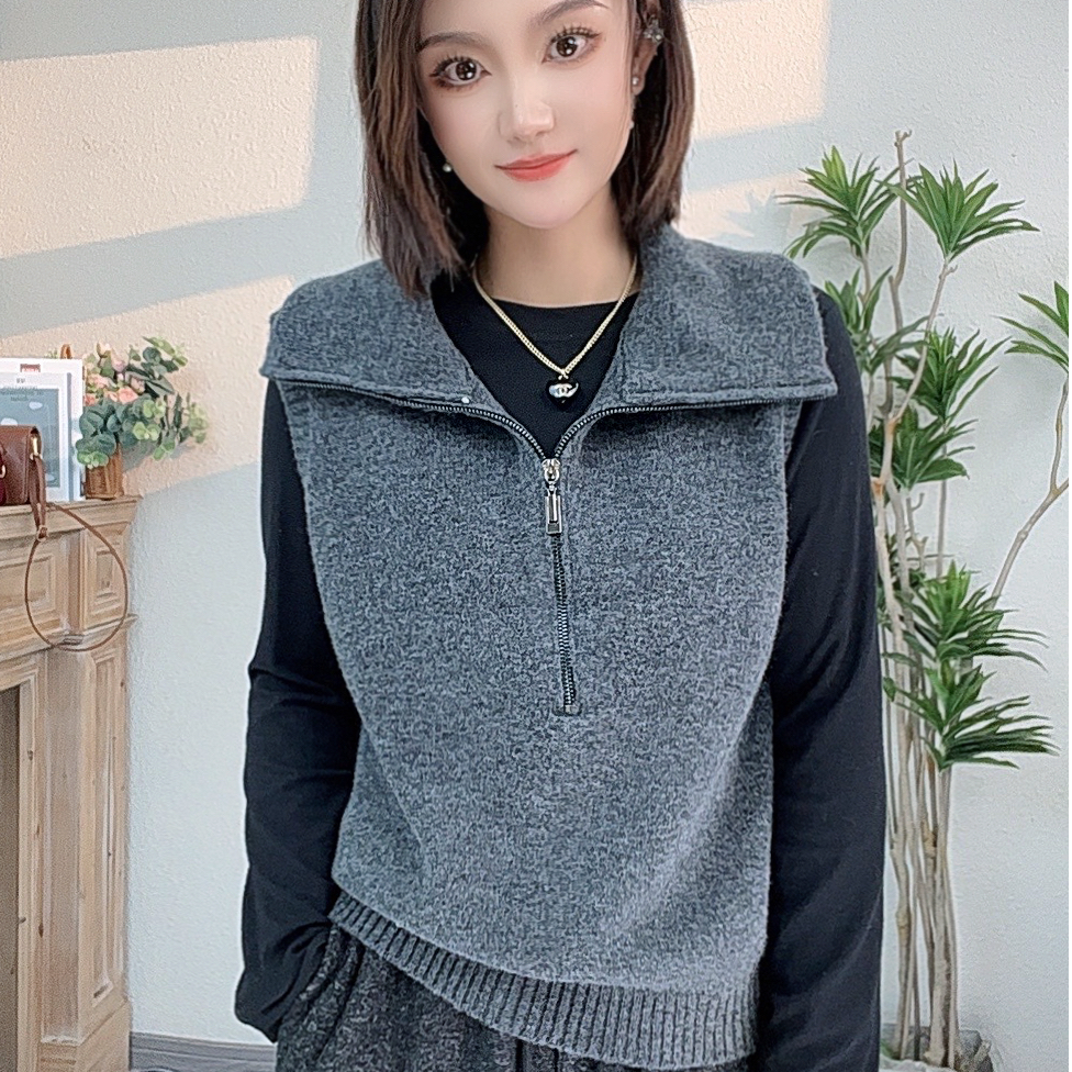 【加绒厚马甲+打底衫两件套】气质休闲百搭半拉链叠穿上衣外套女