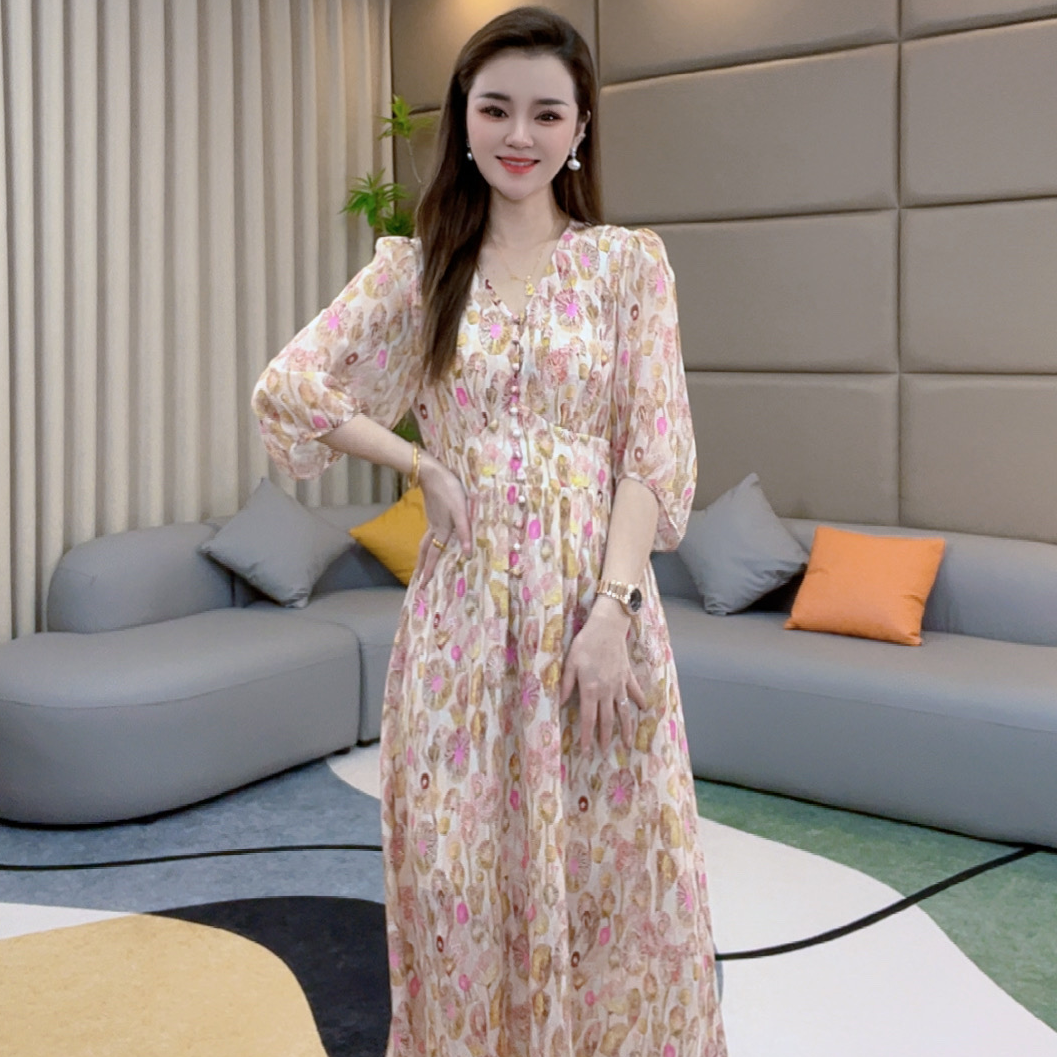 马洛克《静静心选》“蒲公英”温柔风收腰气质显瘦真丝连衣裙80069