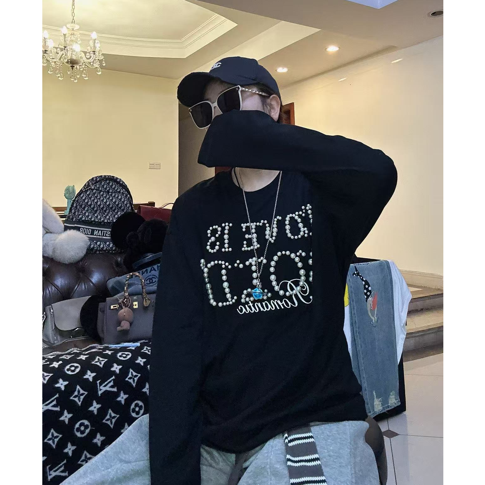 【影子】字母珠珠潮流时尚百搭宽松休闲大版中长款长袖T恤