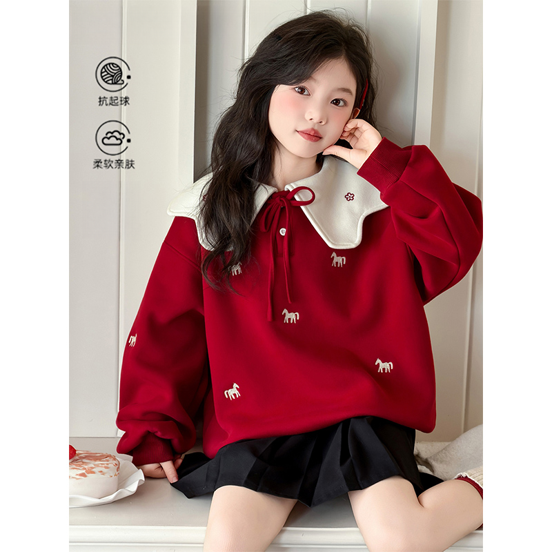 女童卫衣冬加厚2026马年本命年衣服女孩大童新款红色加绒保暖上衣