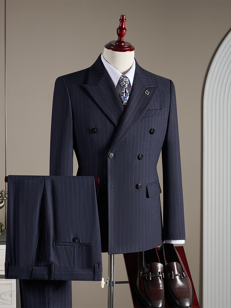 条纹新郎结婚礼服西服西装套装职业双排扣修身英伦风正装婚礼套装
