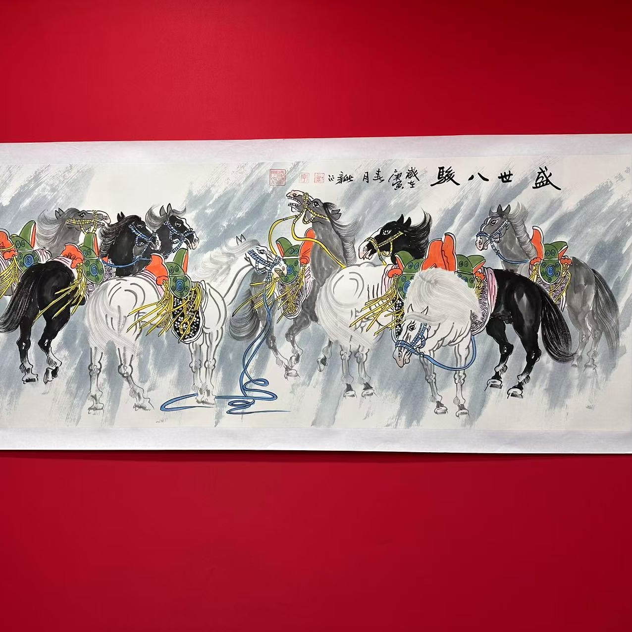 李新社六尺盛世八骏手绘宣纸水墨画