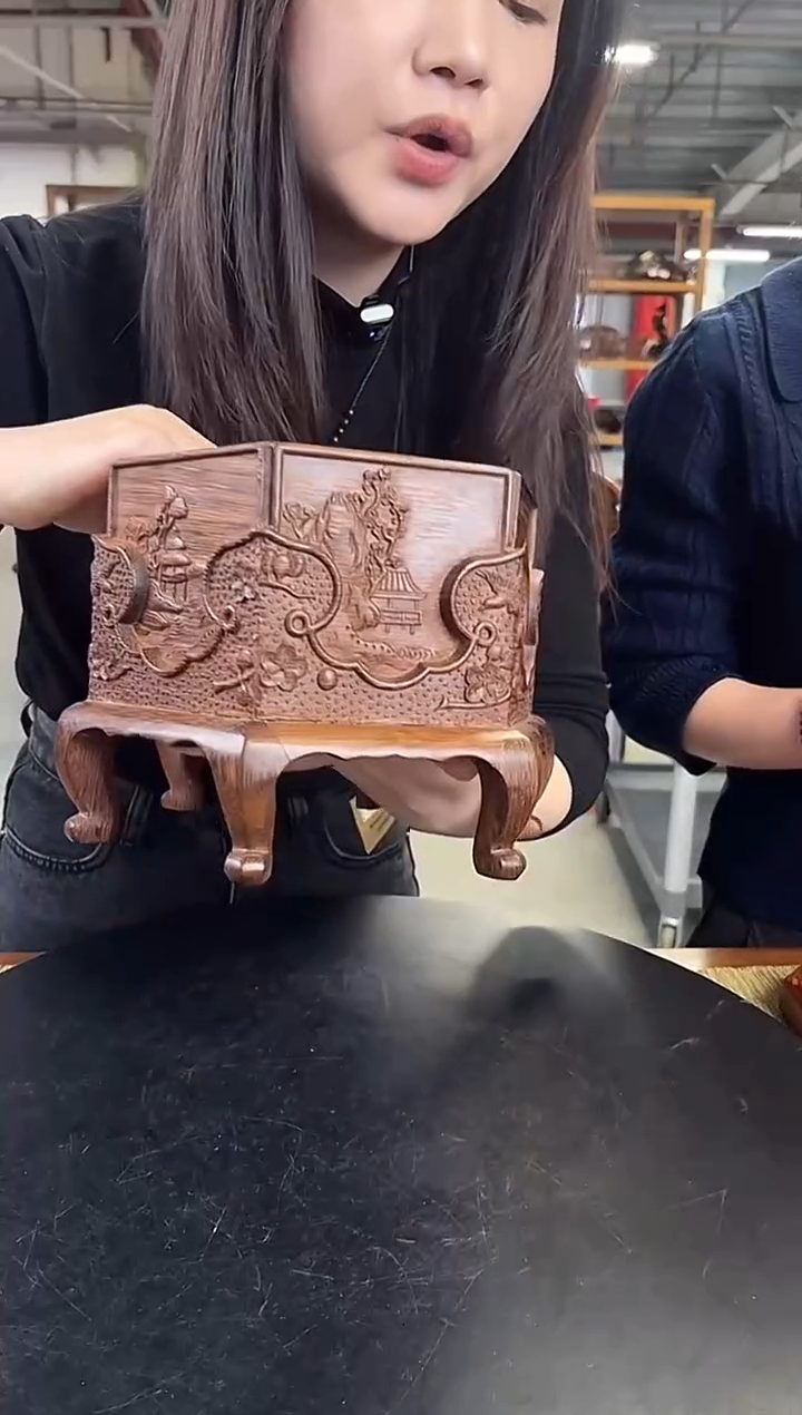 木DZ1638M13山水纹六方桌上置物筒