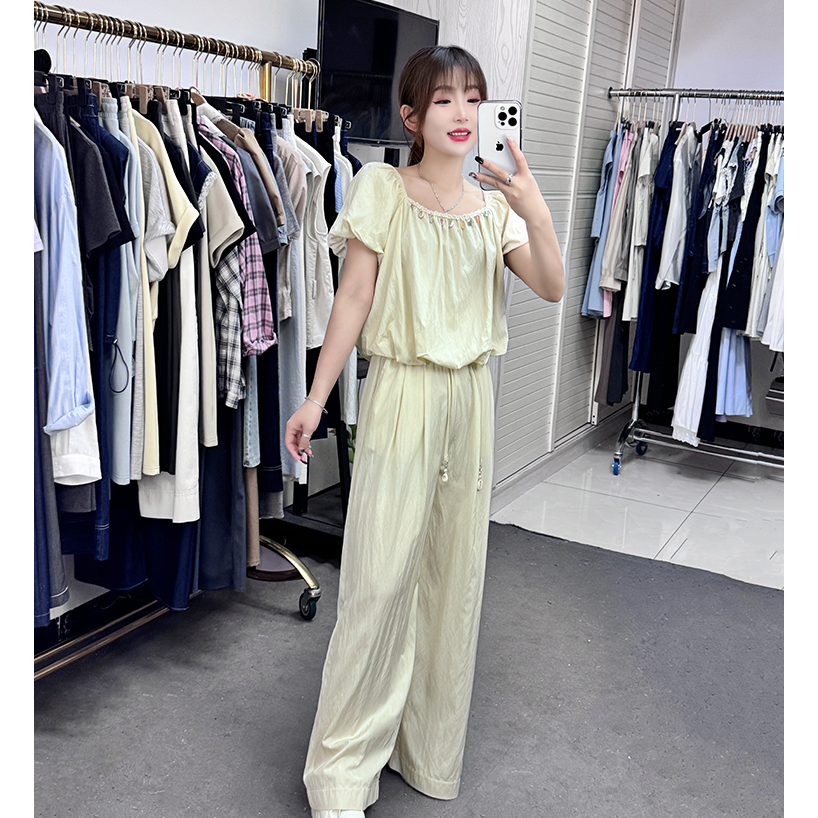 2025夏季新款时尚套装女洋气减龄显瘦短袖一字领上衣阔腿裤两件套