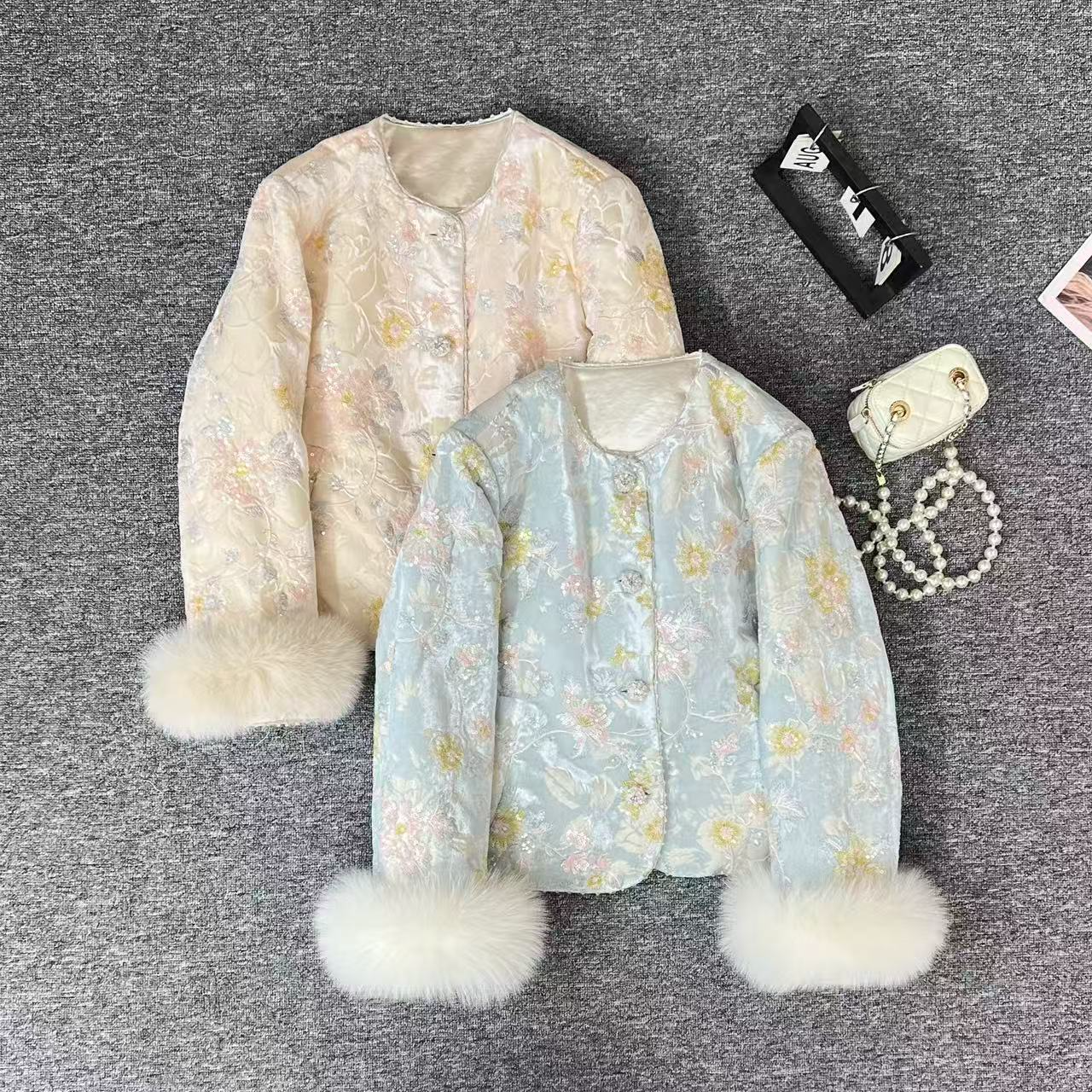 高端定制90白鸭绒进口金属丝提花重工刺绣钉珠亮片羽绒服外套