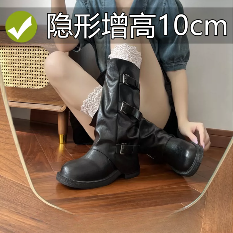 爆款时装靴黑色真皮高筒长靴女2025新款秋季西部牛仔堆堆靴骑士靴