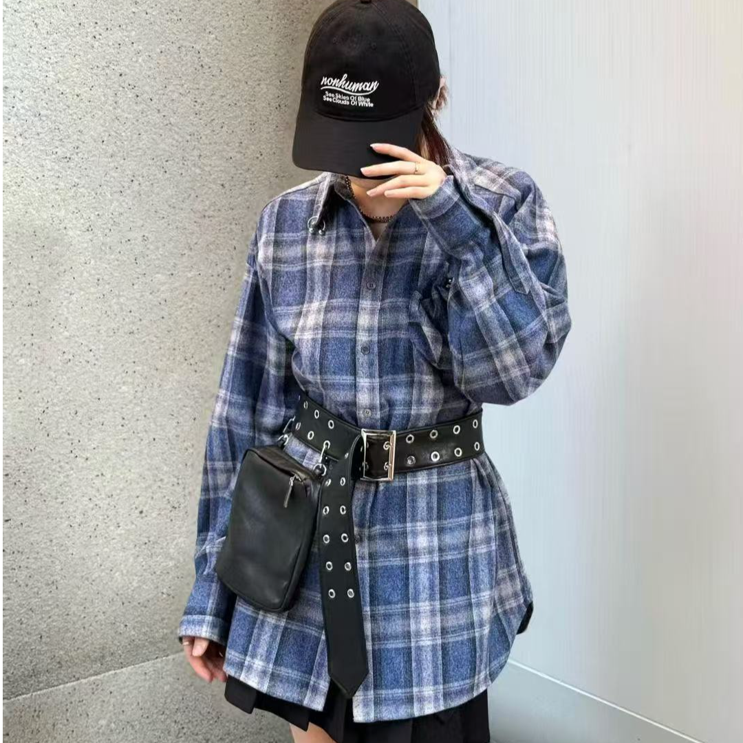 NONHUMAN立体吊饰口袋格纹衬衫小众蓝色上衣衬衣长袖宽松