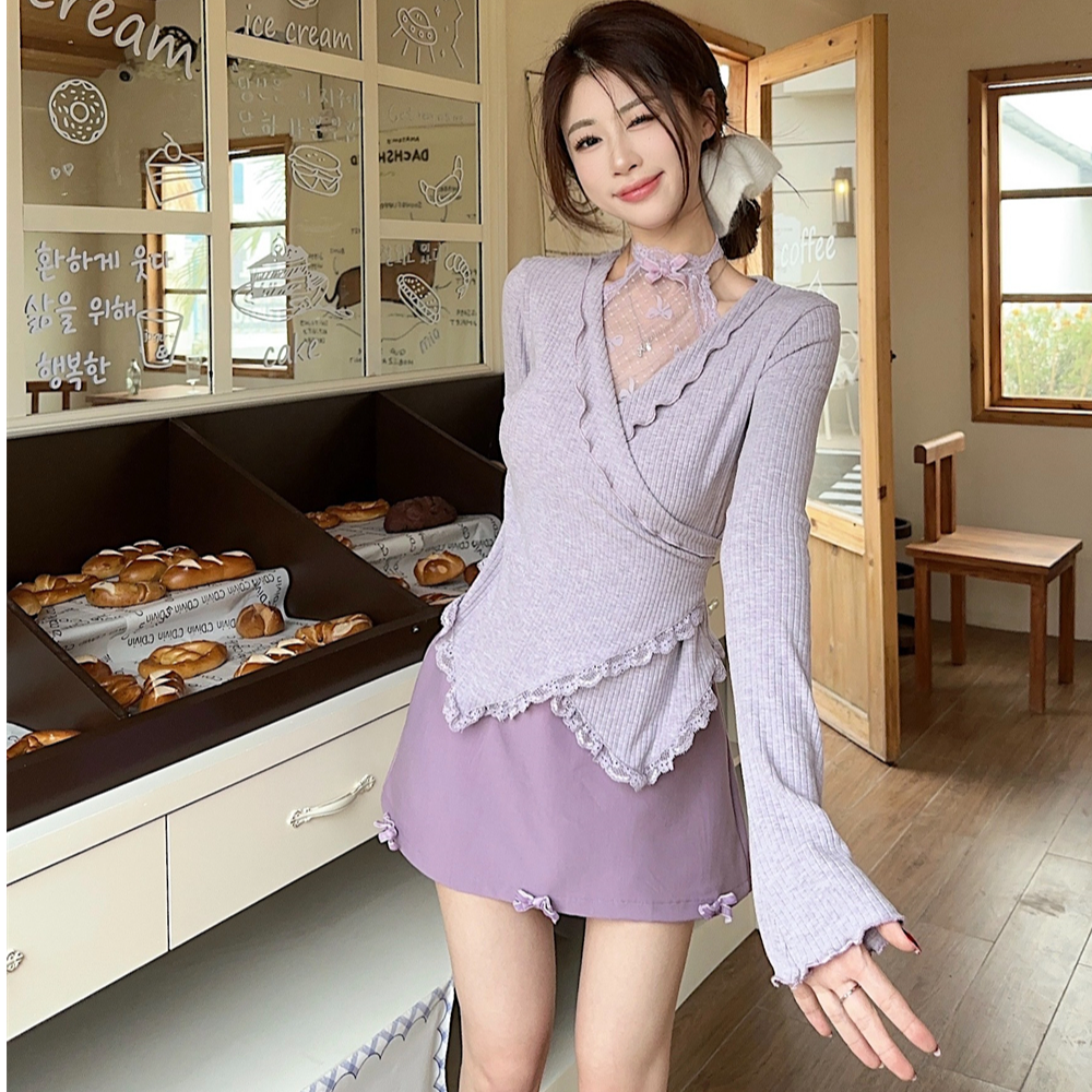 网纱拼接花边长袖针织衫蝴蝶结显瘦半身裙女2025春季新款时尚套装