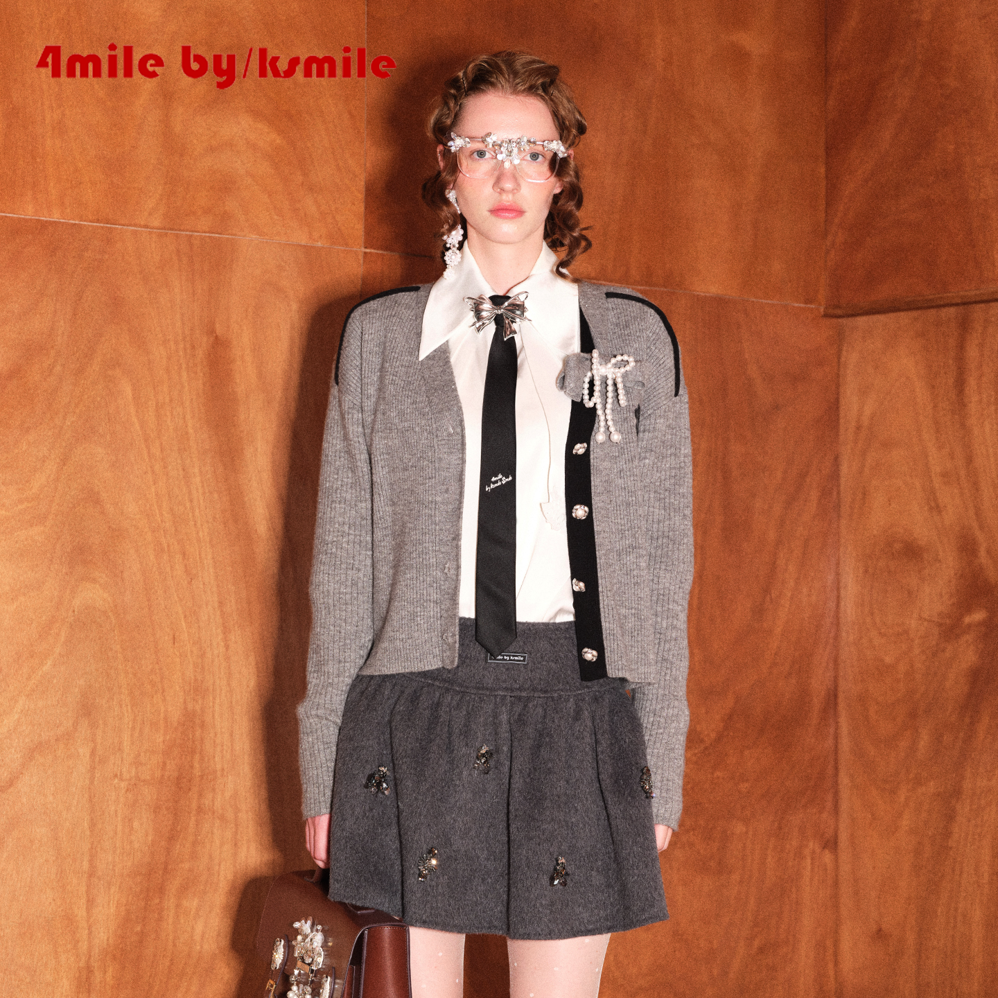 4MILE BY KSMILE 门襟蝴蝶结系带亮丝针织甜美开衫保暖学院风毛衣