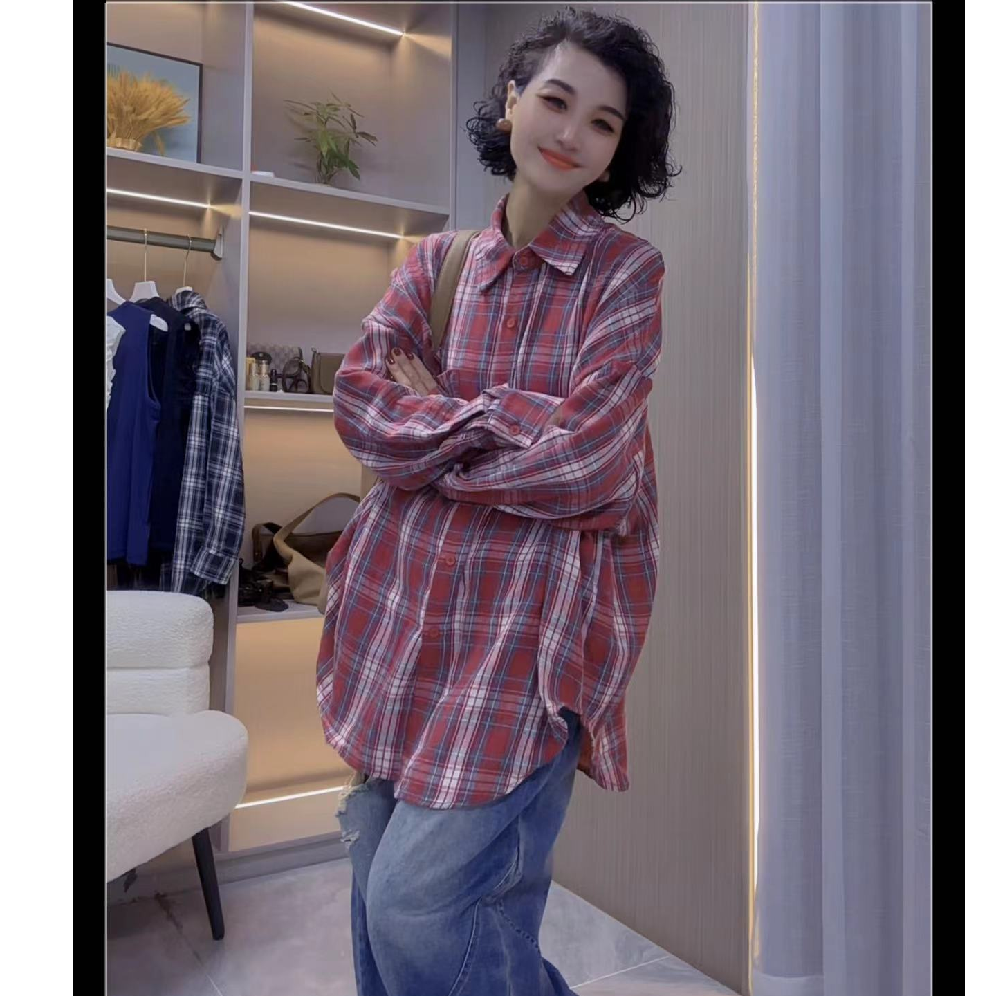 欧货宽松型长袖秋季新款格子长款衬衫上衣休闲百搭时尚