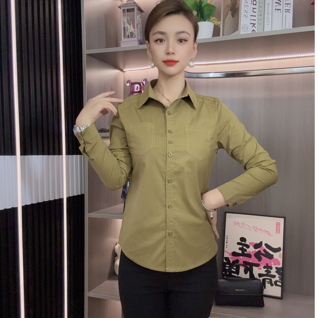 X6907新款早秋季长袖薄款拼接轻职风翻领常规衬衫
